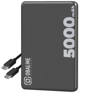 Powerbank OBAL:ME MagNetix preto 5000mAh, compacto, cantos arredondados, logotipo lateral, texto 5000 mAh em destaque, cabo USB-C duplo incluído, MagSafe 15W