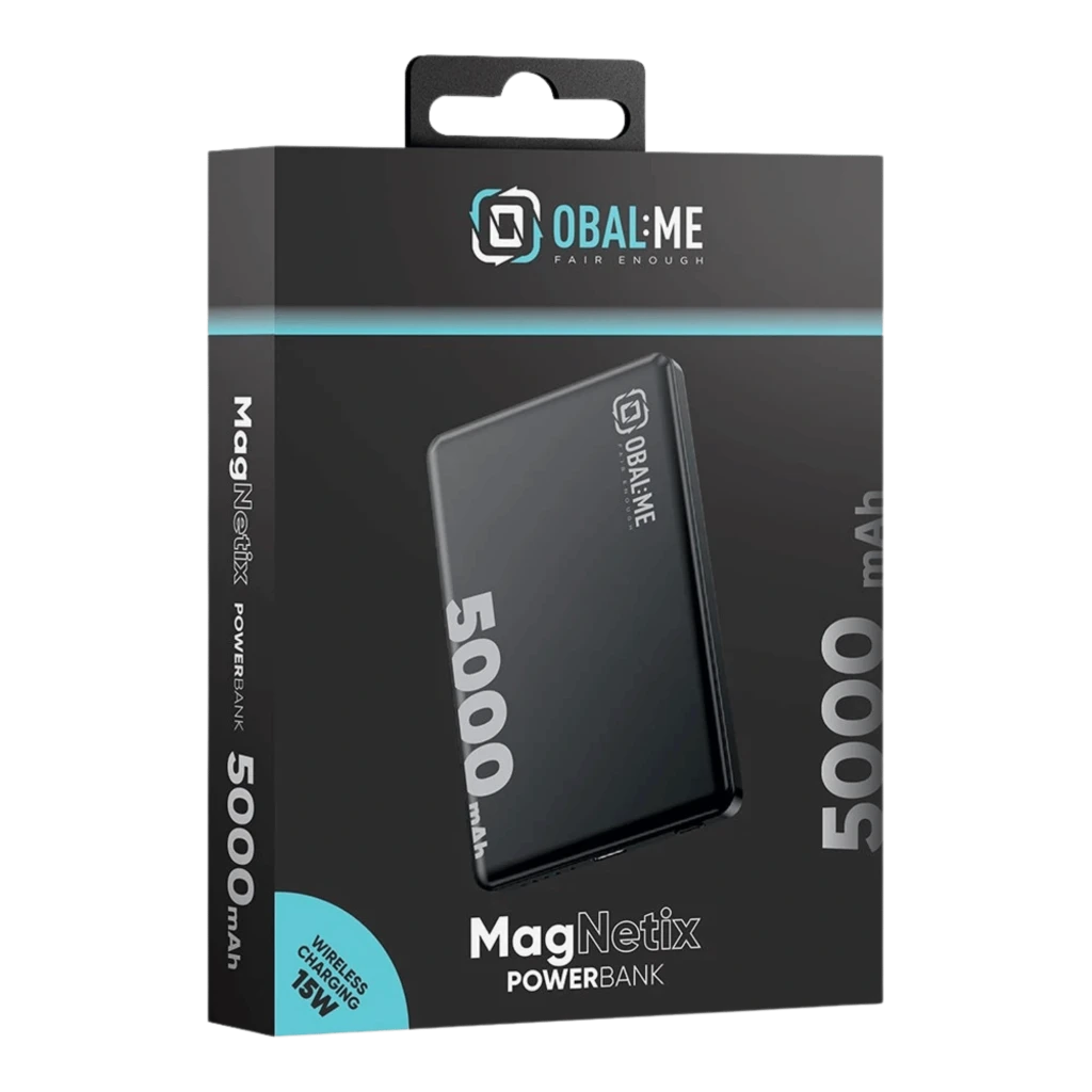 Powerbank OBAL:ME MagNetix preto 5000mAh, compacto, cantos arredondados, logotipo lateral, texto 5000 mAh em destaque, cabo USB-C duplo incluído, MagSafe 15W - Item5