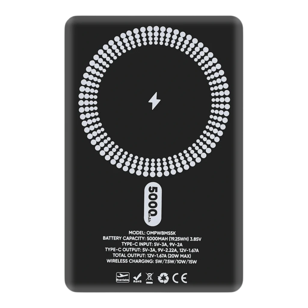 Powerbank OBAL:ME MagNetix preto 5000mAh, compacto, cantos arredondados, logotipo lateral, texto 5000 mAh em destaque, cabo USB-C duplo incluído, MagSafe 15W - Item3