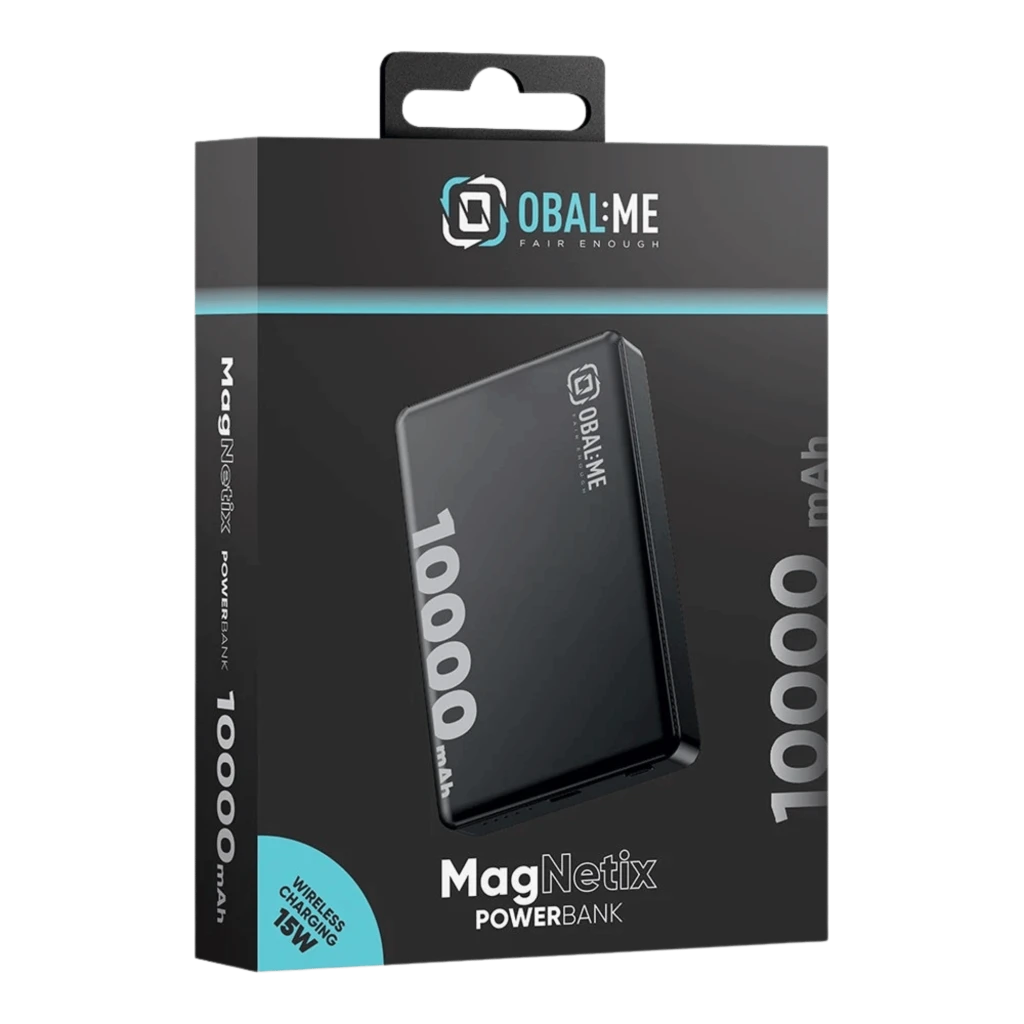 Powerbank OBAL:ME MagNetix preto, 10000 mAh, corpo compacto com logotipo lateral, porta USB-C, compatível MagSafe e cabo USB-C incluso - Item5