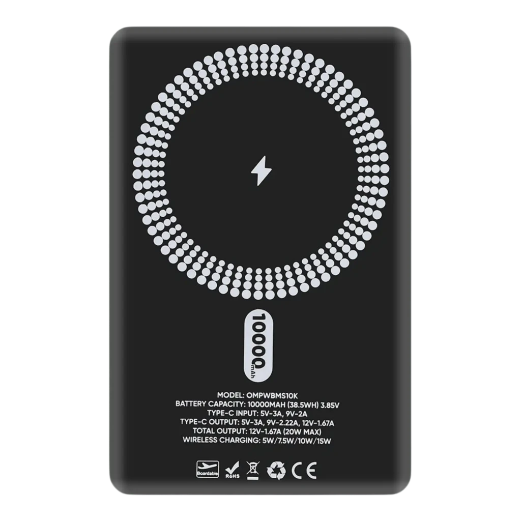 Powerbank OBAL:ME MagNetix preto, 10000 mAh, corpo compacto com logotipo lateral, porta USB-C, compatível MagSafe e cabo USB-C incluso - Item3