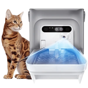 Bebedero automático Petkit Eversweet Ultra AI gris con chorro iluminado, sensor frontal, filtro de agua visible y diseño compacto junto a un gato bengalí