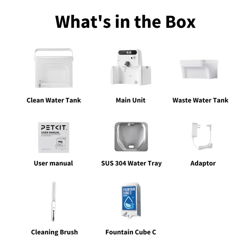 Fontaine blanche connectée avec bol en cascade, capteurs frontaux, badge garantie 2 ans et appli mobile affichée sur smartphone, design compact et anguleux - Ítem10