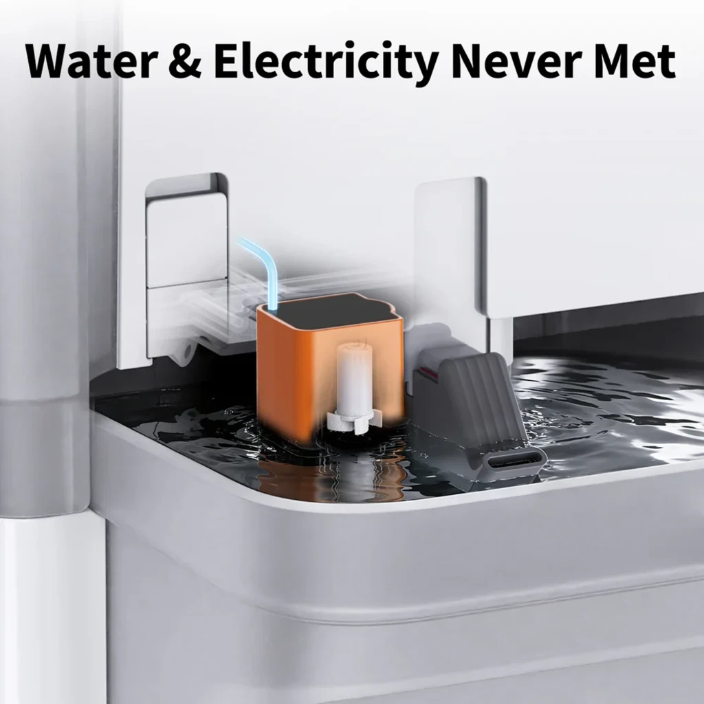 Fontaine blanche connectée avec bol en cascade, capteurs frontaux, badge garantie 2 ans et appli mobile affichée sur smartphone, design compact et anguleux - Ítem7