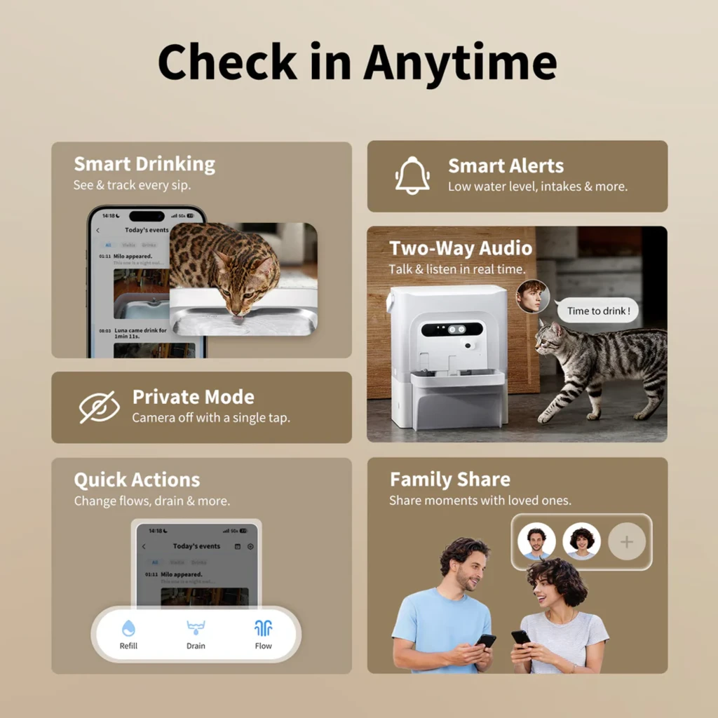 Fontaine blanche connectée avec bol en cascade, capteurs frontaux, badge garantie 2 ans et appli mobile affichée sur smartphone, design compact et anguleux - Ítem8