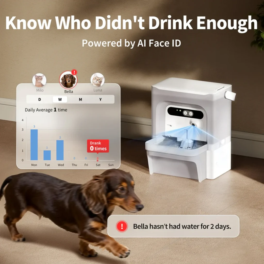 Fontaine blanche connectée avec bol en cascade, capteurs frontaux, badge garantie 2 ans et appli mobile affichée sur smartphone, design compact et anguleux - Ítem5