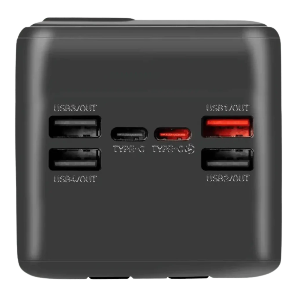 Power bank preto OBAL:ME 50000mAh 22,5W com display LED, alça laranja e cabo USB-C/Lightning destacável, corpo robusto e porta lateral de energia - Item1