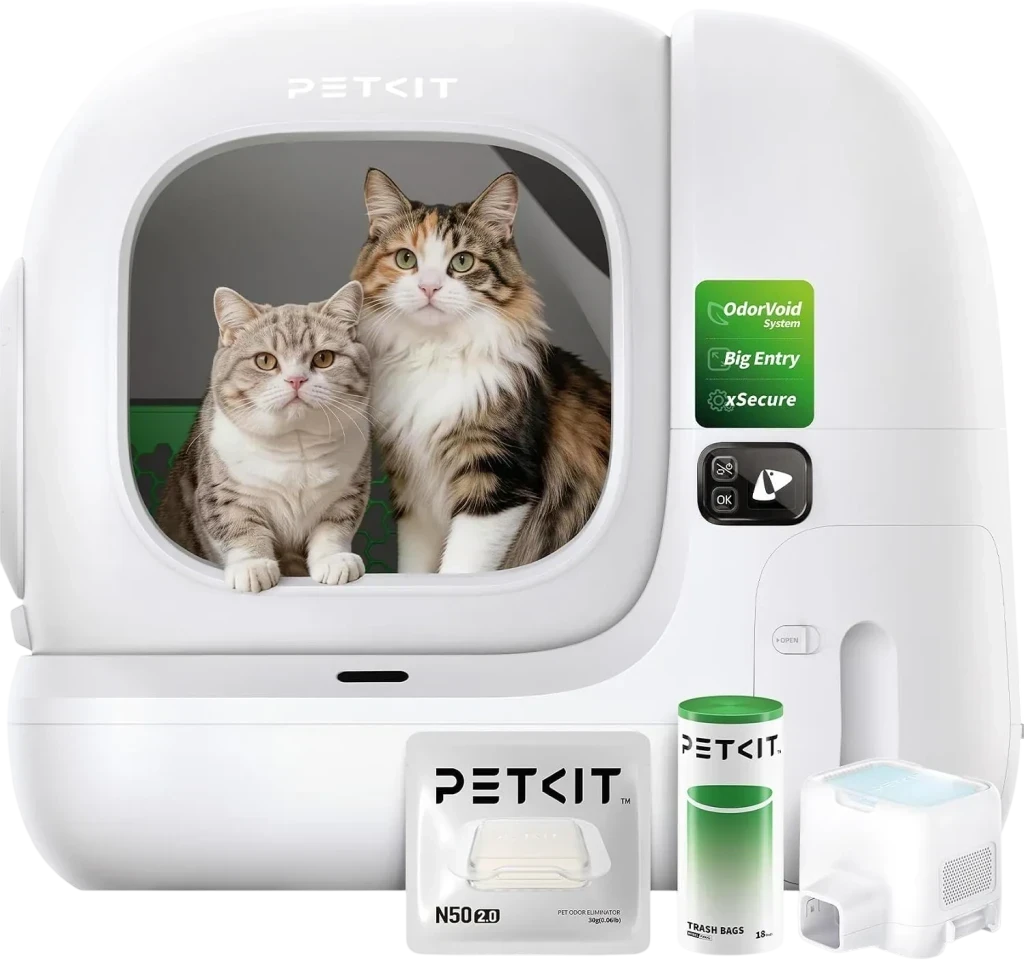 Litière autonettoyante PETKIT PUROBOT MAX 3 blanche, grande entrée, écran xSecure, bouton OdorVoid, accessoires inclus sacs, filtres, désodorisant