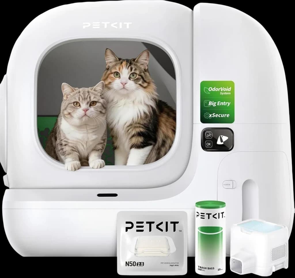 Litière autonettoyante PETKIT PUROBOT MAX 3 blanche, grande entrée, écran xSecure, bouton OdorVoid, accessoires inclus sacs, filtres, désodorisant