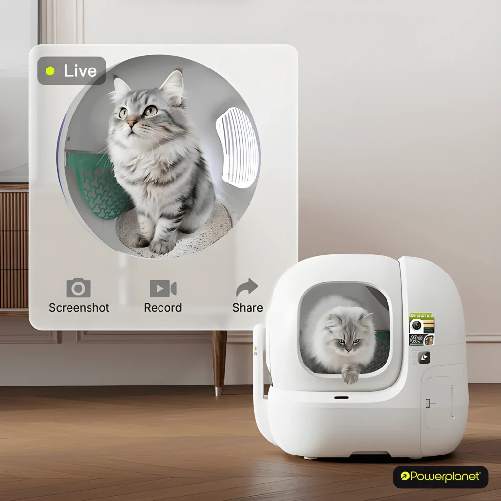 Arenero autolimpiable PETKIT Pura Max 3 blanco con entrada frontal, rejilla verde antisalpicaduras, panel lateral y control por app en smartphone - Ítem1
