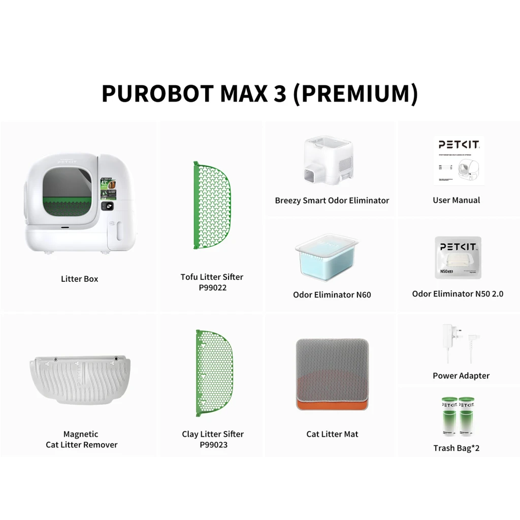 Arenero autolimpiable PETKIT Pura Max 3 blanco con entrada frontal, rejilla verde antisalpicaduras, panel lateral y control por app en smartphone - Ítem5