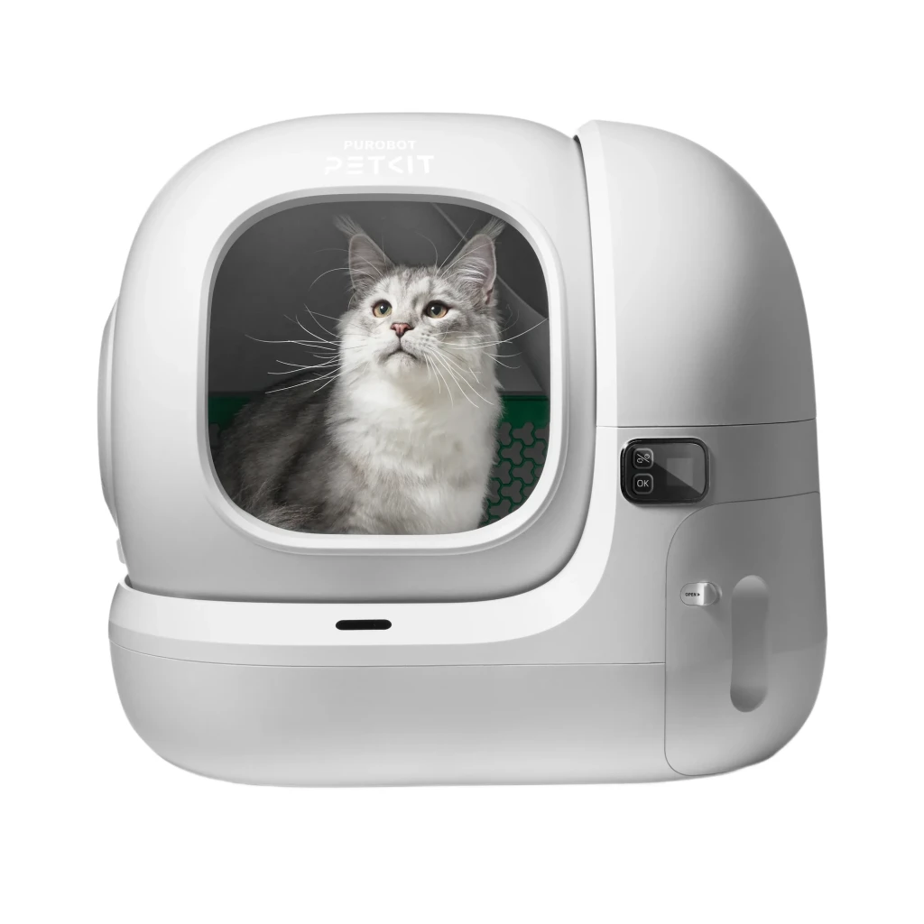 Litière autonettoyante PETKIT PUROBOT MAX 3 blanche, design arrondi XL, entrée large avec capteur latéral et réservoir, adaptée aux grands chats