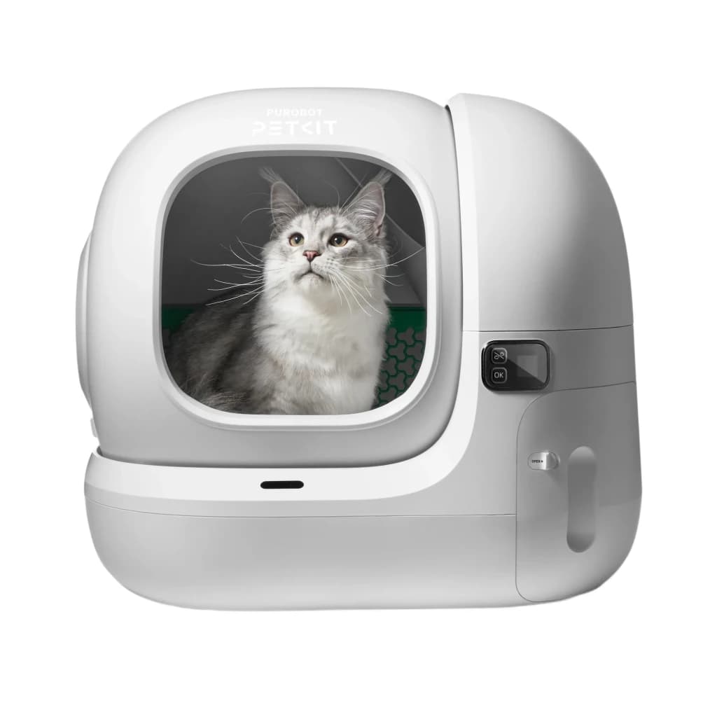 Litière autonettoyante PETKIT PUROBOT MAX 3 blanche, design arrondi XL, entrée large avec capteur latéral et réservoir, adaptée aux grands chats