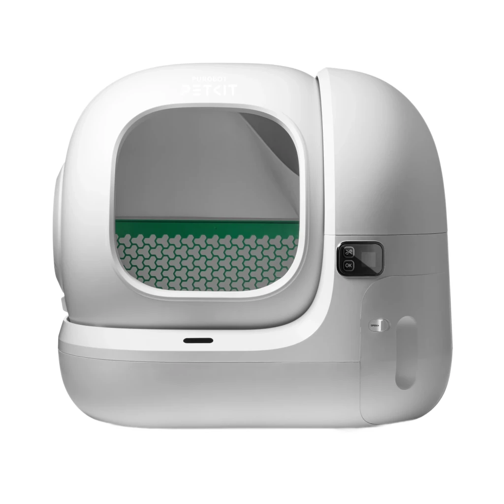 Litière autonettoyante blanche PETKIT PUROBOT MAX 3 avec grande ouverture, bac spacieux vert, panneau de contrôle latéral et réservoir externe intégré