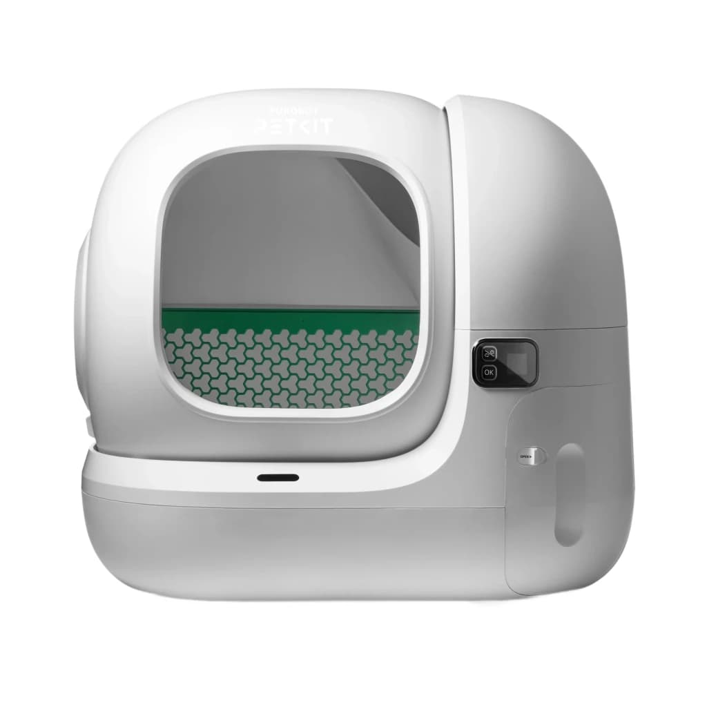 Litière autonettoyante blanche PETKIT PUROBOT MAX 3 avec grande ouverture, bac spacieux vert, panneau de contrôle latéral et réservoir externe intégré