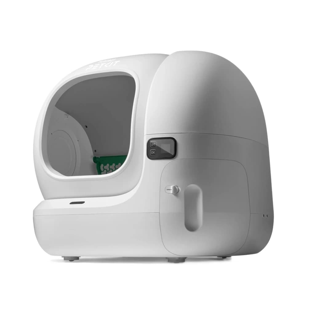 Bac à litière autonettoyant blanc au design arrondi avec grande ouverture, panneau de contrôle latéral, réservoir frontal et tambour intérieur vert