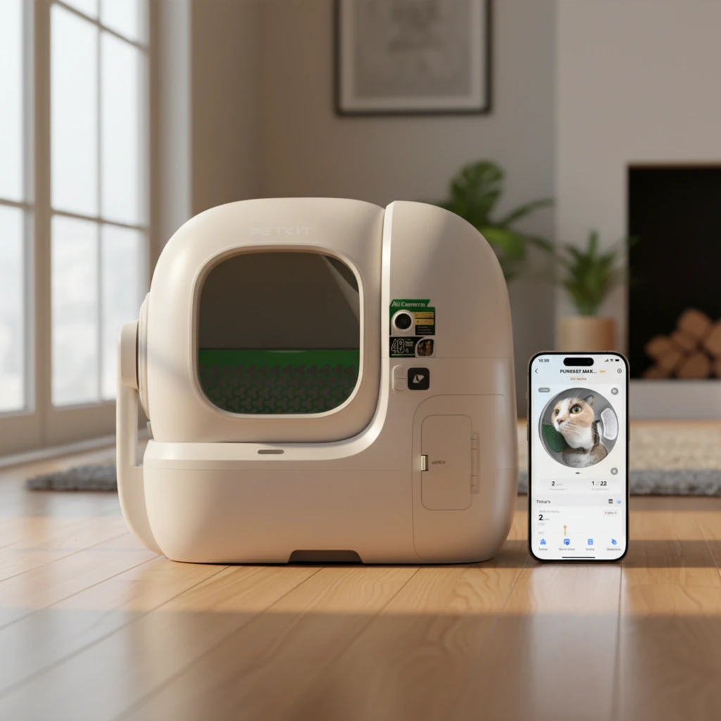 Arenero Autolimpiable PETKIT Purobot Max 3 Basic Kit App WiFi en color blanco, diseño cerrado con puerta frontal y panel lateral, controlable desde smartphone - Ítem1