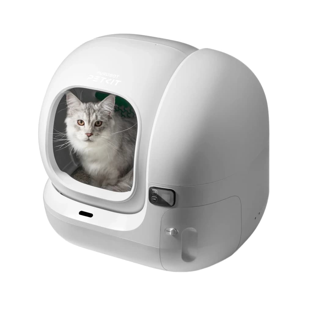 Bac à litière blanc autonome avec hublot transparent, chat à l’intérieur, panneau de contrôle latéral, forme arrondie compacte, bac collecteur en