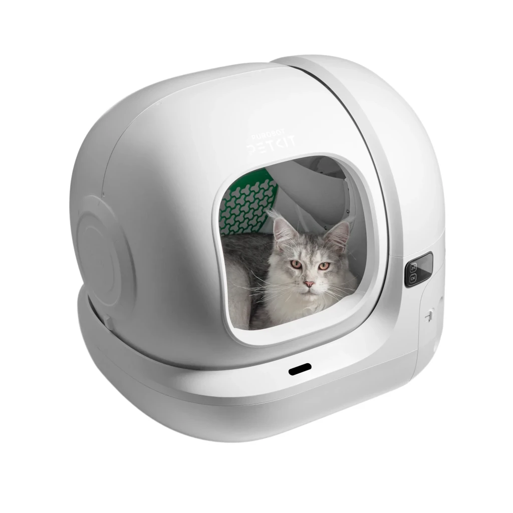 Bac à litière autonettoyant blanc PETKIT PUROBOT MAX 3 avec entrée arrondie, bouton latéral, affichage discret et intérieur spacieux pour grand chat