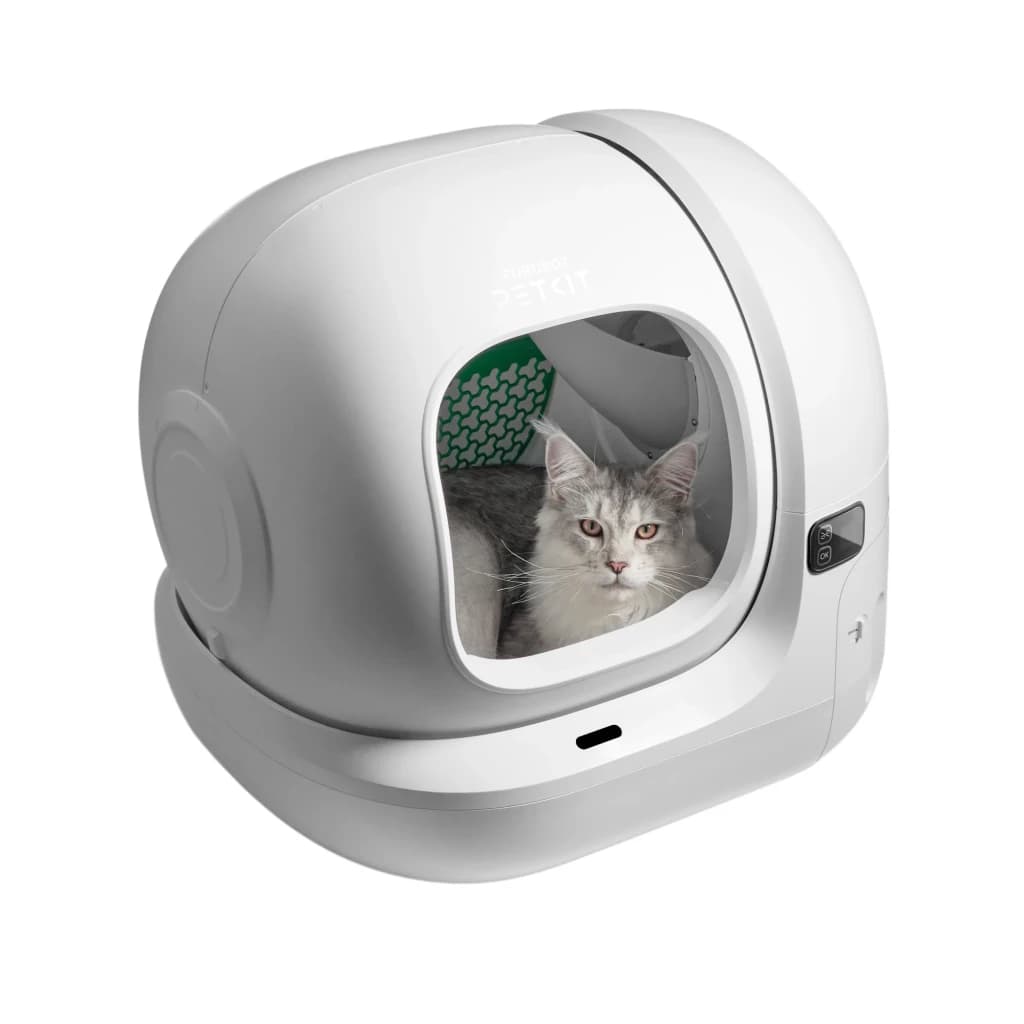 Bac à litière autonettoyant blanc PETKIT PUROBOT MAX 3 avec entrée arrondie, bouton latéral, affichage discret et intérieur spacieux pour grand chat