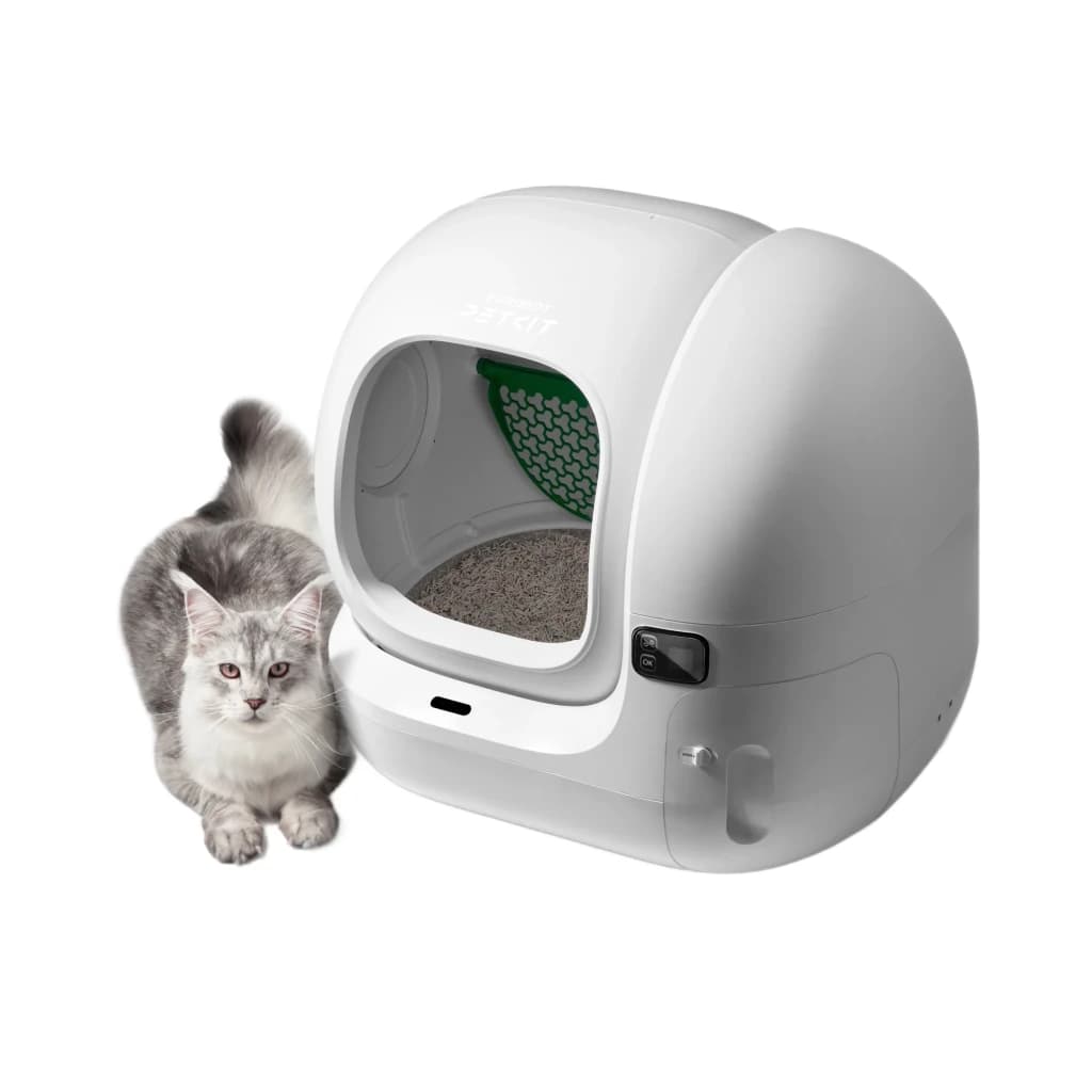 Bac à litière blanc autonettoyant grande capacité, entrée ronde, capteur latéral, réservoir latéral, tapis vert intérieur, design compact avec chat