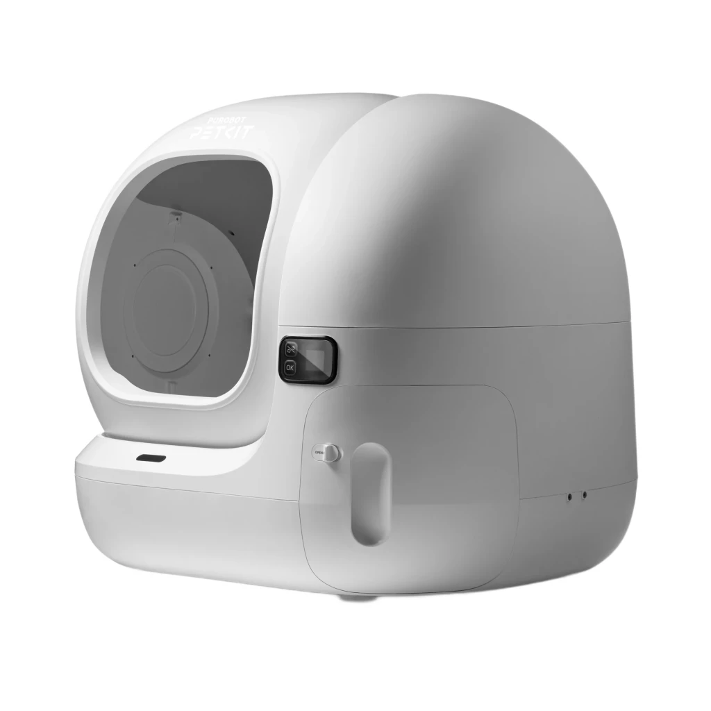 Bac à litière blanc autonettoyant, design arrondi, grande ouverture frontale, panneau de contrôle latéral et réservoir externe, format XL pour chats