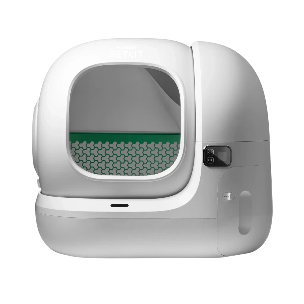 Litière autonettoyante PETKIT PUROBOT MAX 3 blanche, entrée large, paroi lisse, grille verte antisalissure, panneau de contrôle latéral, grande cuve fermée