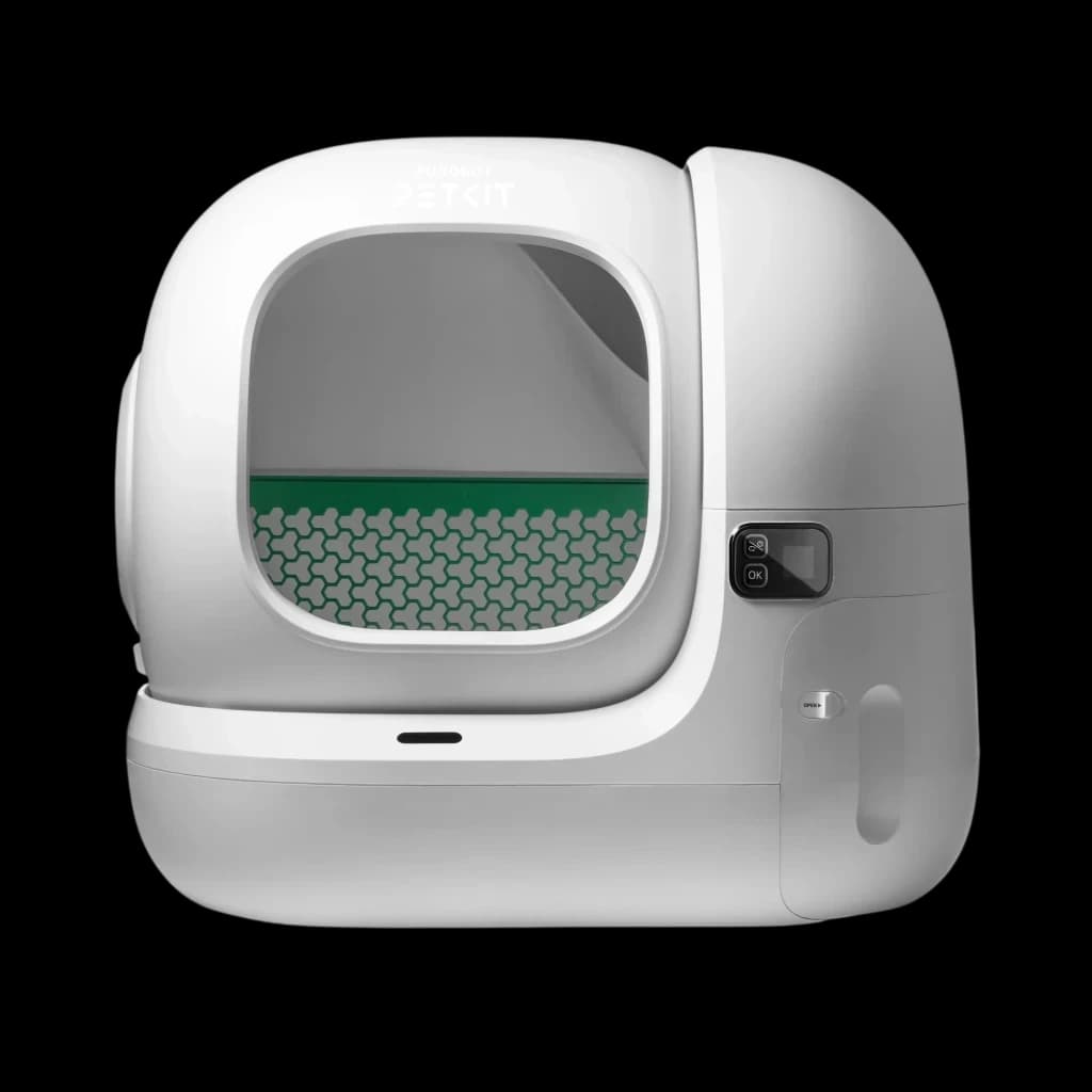 Litière autonettoyante PETKIT PUROBOT MAX 3 blanche, entrée large, paroi lisse, grille verte antisalissure, panneau de contrôle latéral, grande cuve fermée
