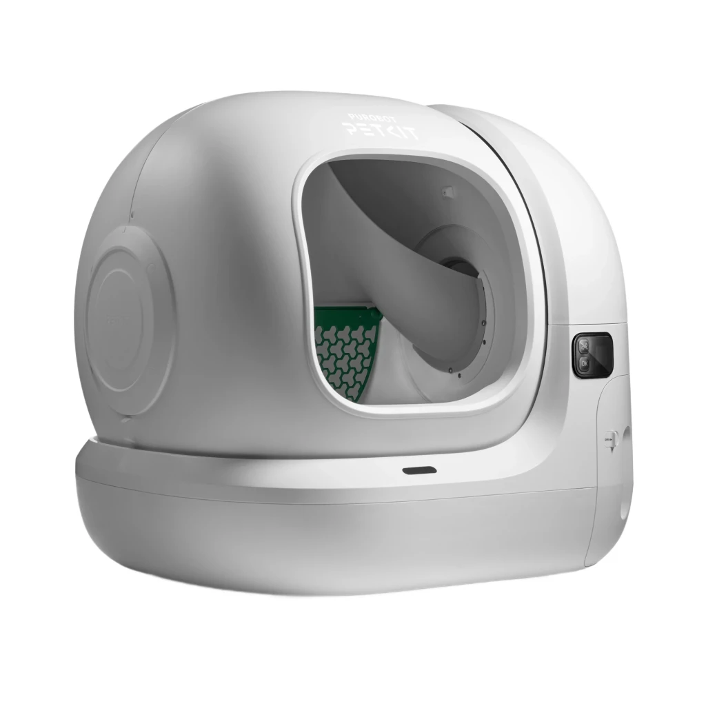 Bac à litière PETKIT PUROBOT MAX 3 blanc, forme ovoïde, grande ouverture, tambour interne visible, panneau latéral avec bouton et écran, base stable