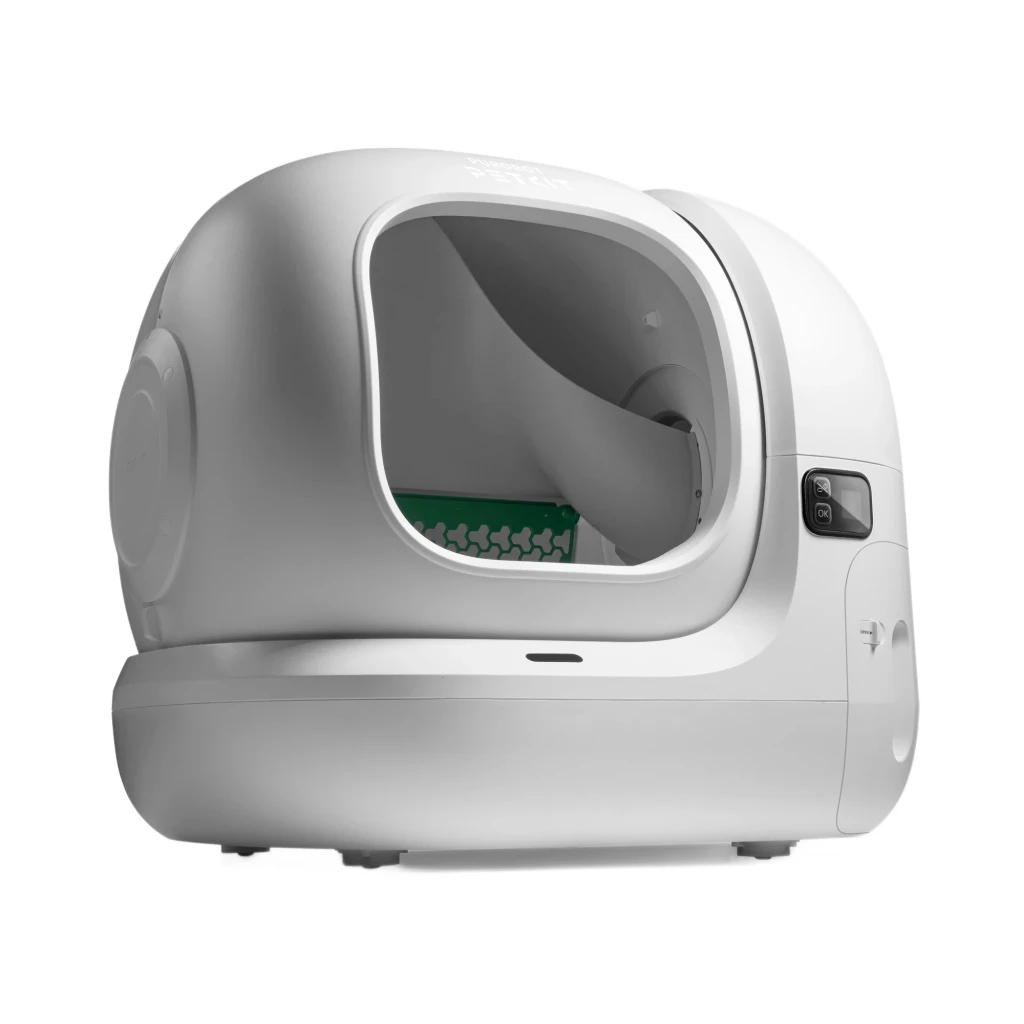 Bac à litière autonettoyant blanc, dôme fermé avec large entrée, panneau de contrôle latéral, tapis vert interne, design lisse et grande cuve capacitaire