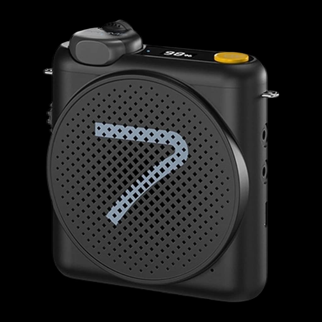 Altavoz portátil negro con rejilla perforada y número 7 en azul, control amarillo, pantalla superior y puertos laterales del amplificador de voz 7Ryms WA2