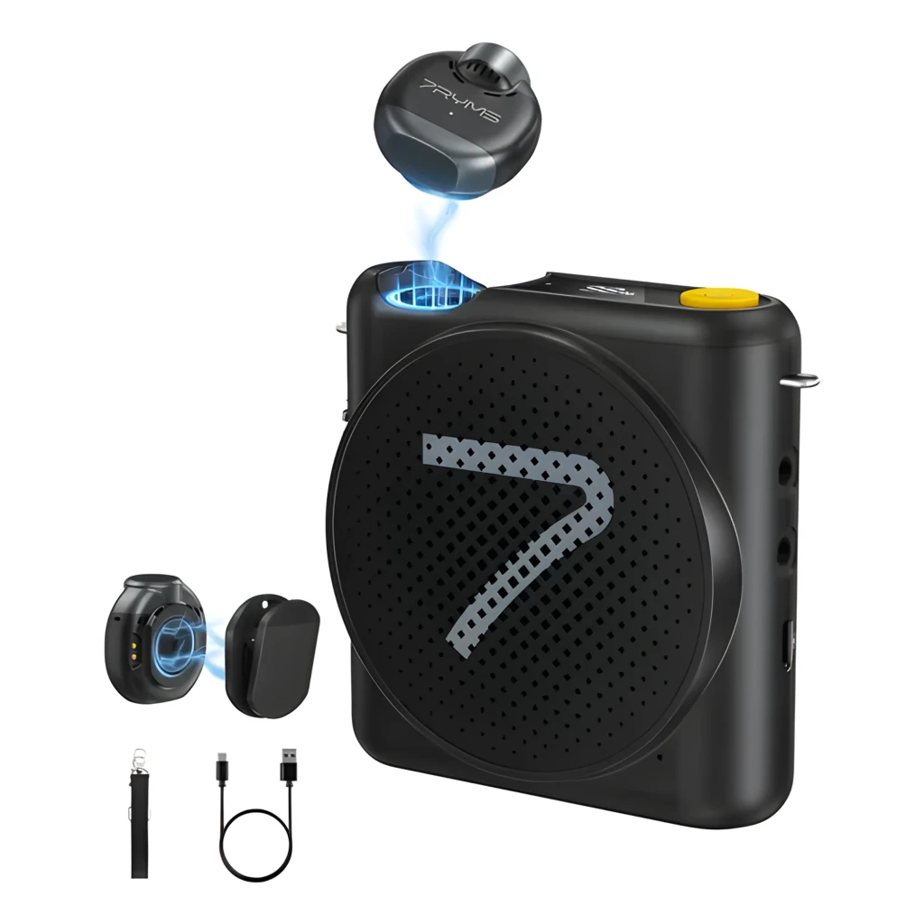 Altavoz portátil negro con rejilla perforada y número 7 en azul, control amarillo, pantalla superior y puertos laterales del amplificador de voz 7Ryms WA2 - Ítem1