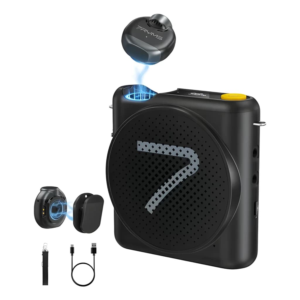 Amplificador de voz 7Ryms WA2 Negro con altavoz frontal 7, módulo inalámbrico extraíble, micrófono lavalier, clip, cable USB y correa; diseño compacto y