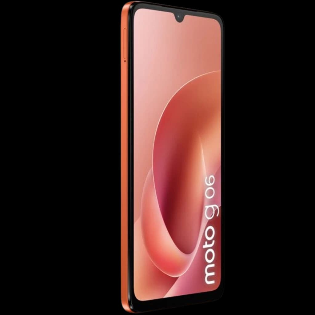 Motorola Moto G06 4GB/256GB Arabesque en color cobre, pantalla con notch en V, bordes delgados y cuerpo estilizado; lateral con botones de volumen y encendido