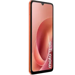 Motorola Moto G06 4GB/256GB Arabesque en color cobre, pantalla con notch en V, bordes delgados y cuerpo estilizado; lateral con botones de volumen y encendido