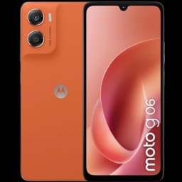 Motorola Moto G06 4GB/256GB Arabesque en color naranja, pantalla con notch en V, doble cámara trasera con flash y logo M centrado en la tapa trasera