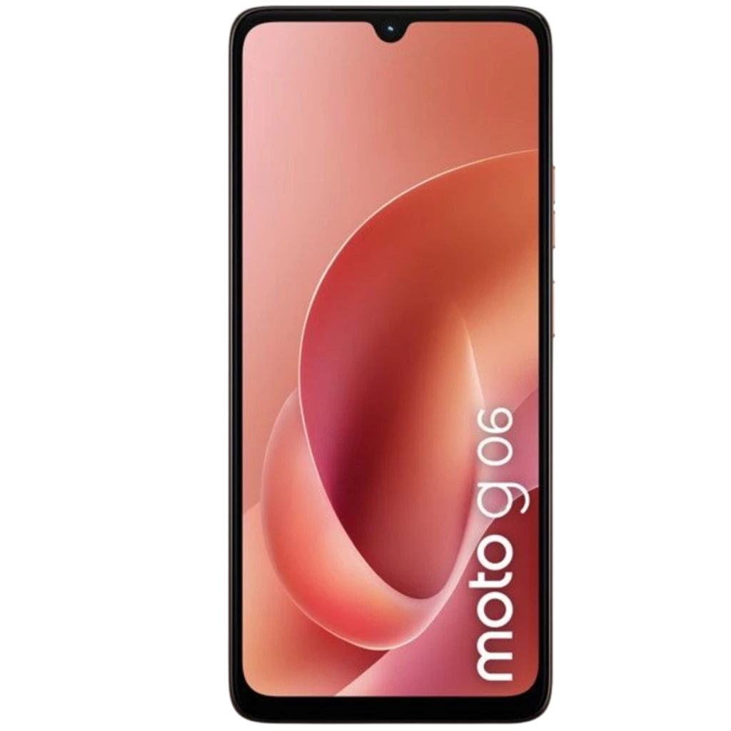 Motorola Moto G06 4Go/256Go Arabesque en orange vif, écran bord à bord avec encoche goutte, dos texturé, double caméra arrière avec modules proéminents - Ítem1