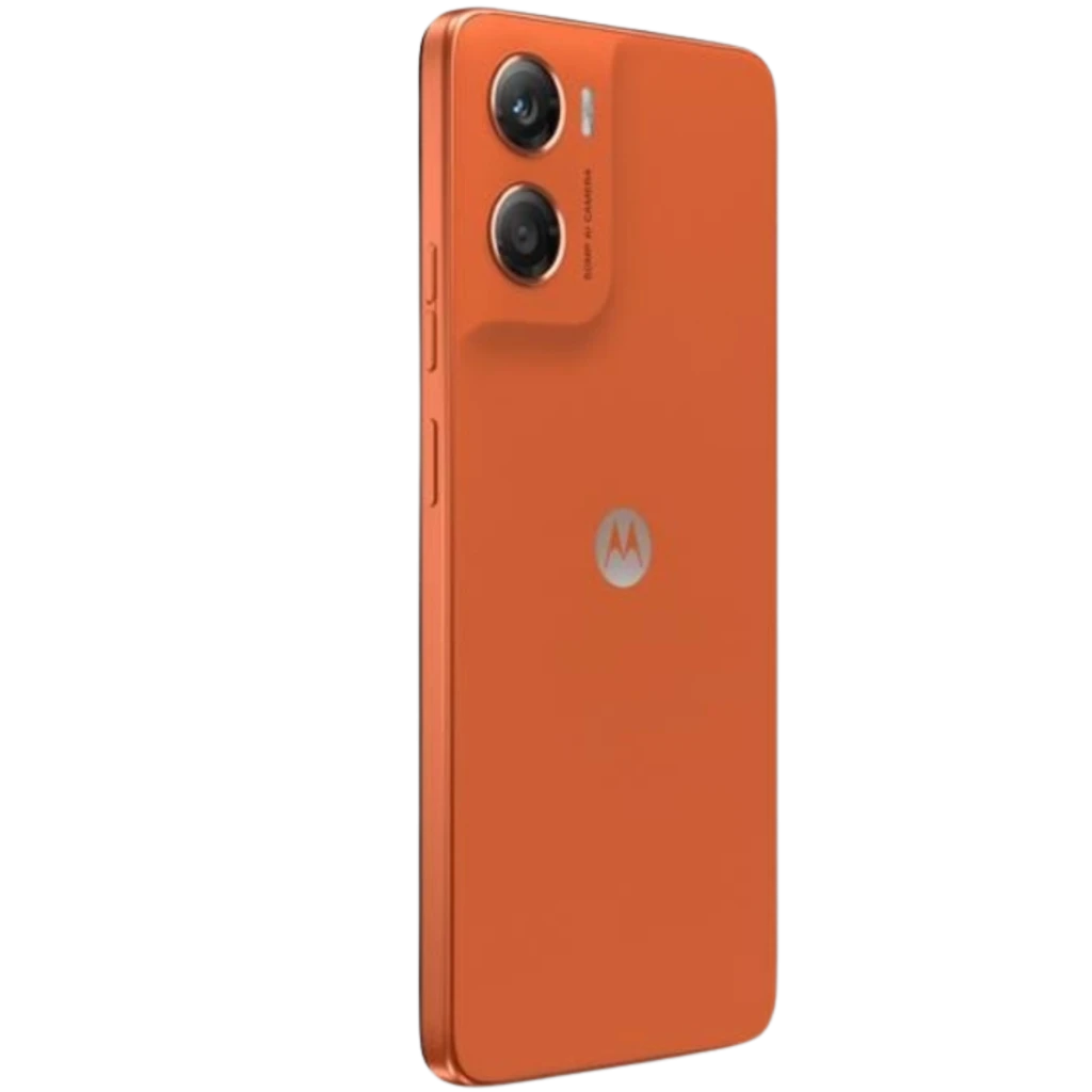 Motorola Moto G06 4Go/256Go Arabesque en orange vif, écran bord à bord avec encoche goutte, dos texturé, double caméra arrière avec modules proéminents - Ítem3