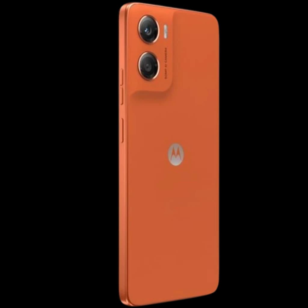 Motorola Moto G06 4GB/256GB Arabesque en color naranja, respaldo mate con logo M, módulo de doble cámara trasera y bordes planos elegantes