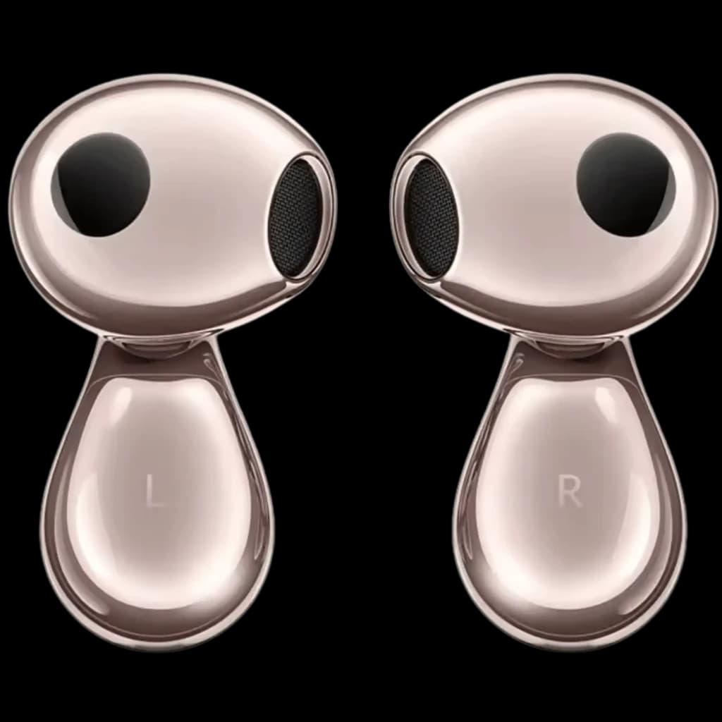 Huawei FreeBuds 6 ANC Or Rose écouteurs intra-auriculaires brillants, embouts ovales noirs, marquages L et R visibles, design lisse et élégant