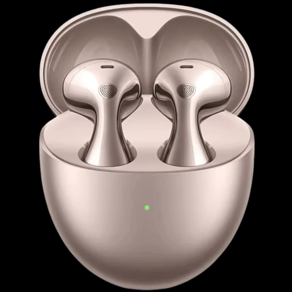 Huawei FreeBuds 6 ANC Or Rose avec boîtier brillant, écouteurs intra-auriculaires ergonomiques, micro-grilles visibles et LED avant verte