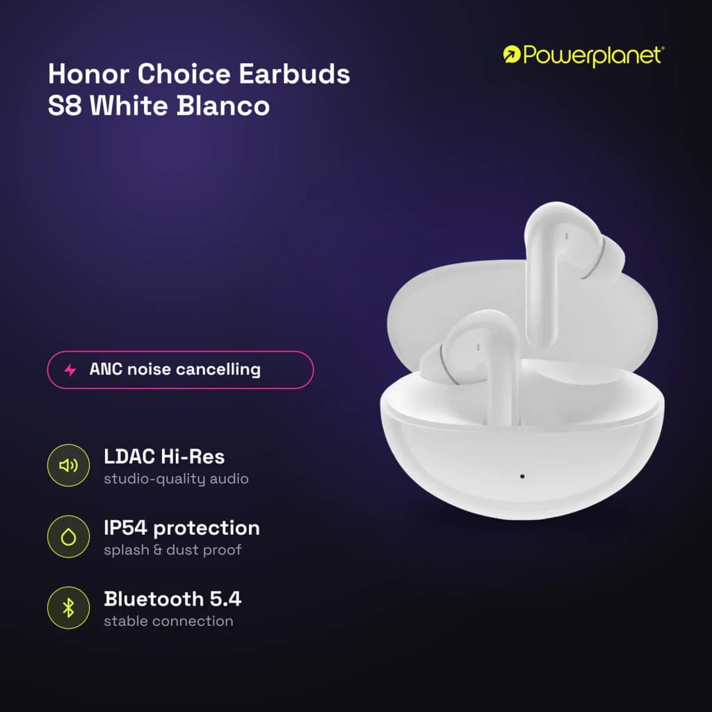 Auriculares Honor Choice Earbuds S8 brancos com estojo oval, haste alongada, design in-ear, indicação ANC, LDAC Hi-Res, IP54 e Bluetooth 5.4 na imagem