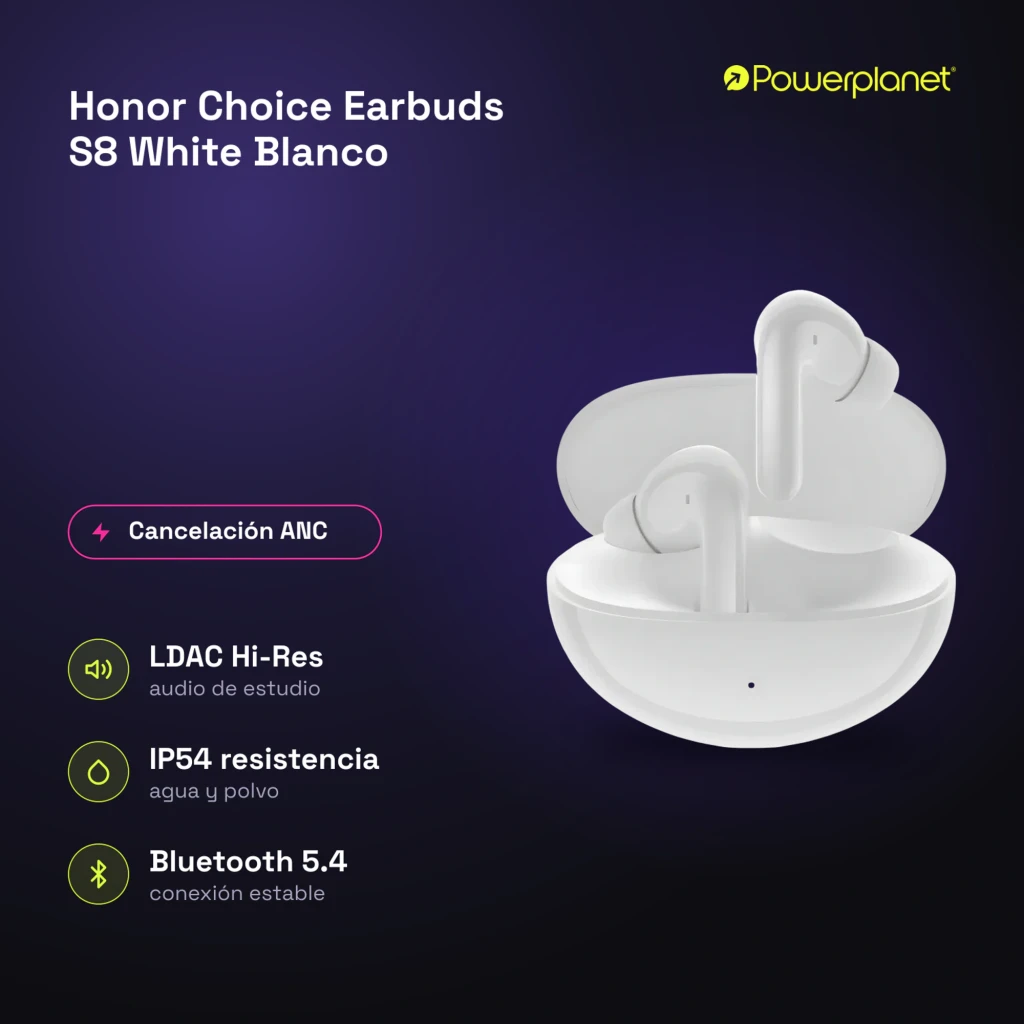 Auriculares Honor Choice Earbuds S8 blancos con estuche ovalado, diseño in-ear TWS, vástago corto y ajuste ergonómico; indicadores LED sutiles y acabado mate - Ítem4