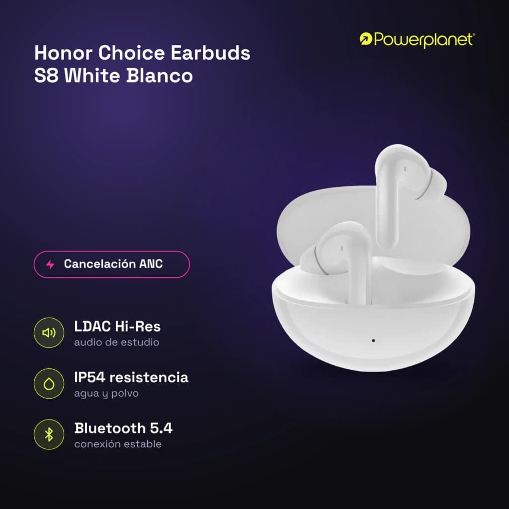 Auriculares Honor Choice Earbuds S8 TWS brancos com estojo oval, haste curta, design in-ear, ANC, suporte LDAC Hi-Res, resistência IP54 e Bluetooth 5.4