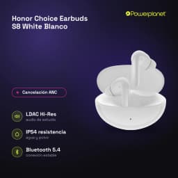 Auriculares Honor Choice Earbuds S8 TWS brancos com estojo oval, haste curta, design in-ear, ANC, suporte LDAC Hi-Res, resistência IP54 e Bluetooth 5.4