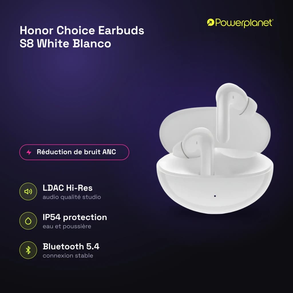 Auriculares Honor Choice Earbuds S8 brancos com estojo arredondado, hastes curtas, almofadas in-ear, indicadores LED e design minimalista TWS