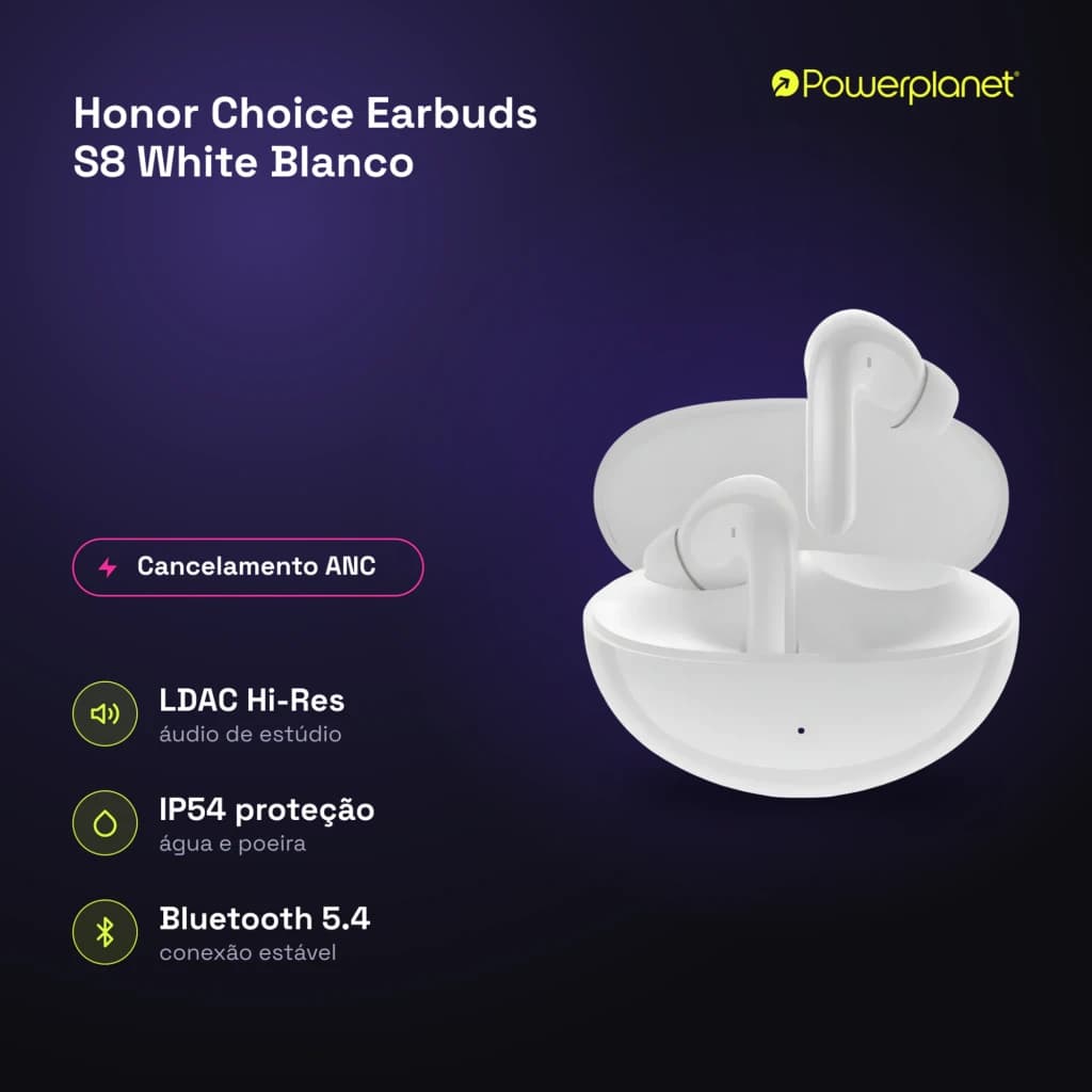 Auriculares Honor Choice Earbuds S8 brancos com estojo compacto, hastes curtas e encaixe in-ear; destaque para ANC, design minimalista e acabamento liso