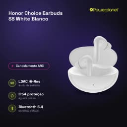 Auriculares Honor Choice Earbuds S8 brancos com estojo compacto, hastes curtas e encaixe in-ear; destaque para ANC, design minimalista e acabamento liso