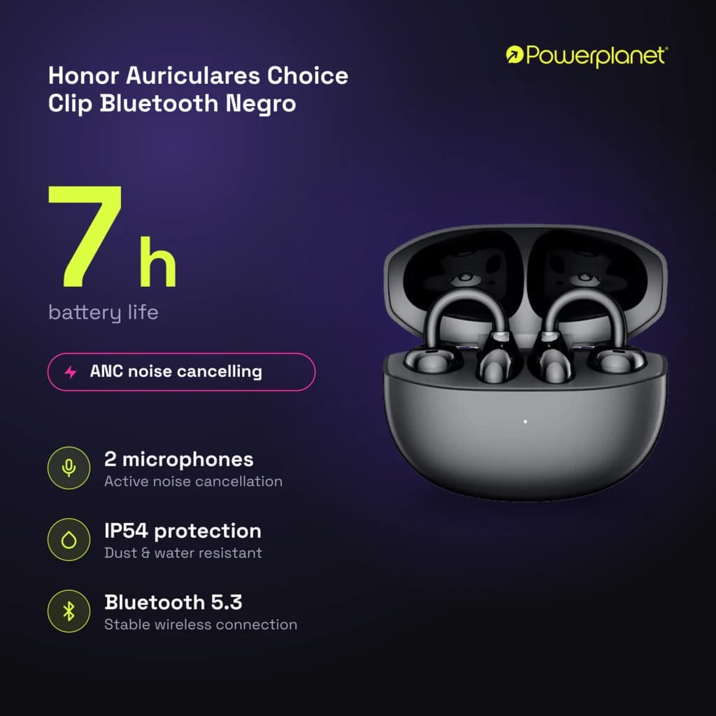 Auriculares Honor Choice Clip open-ear com clipe, estojo preto compacto, 2 microfones, ANC, Bluetooth 5.3, proteção IP54 e autonomia de 7 h
