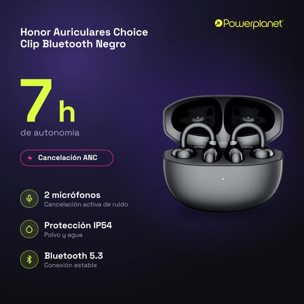 Auriculares Honor Choice Clip open-ear com clipes, caixa de carregamento preta, ANC, 2 microfones, Bluetooth 5.3, IP54 e até 7 h de autonomia